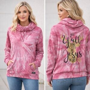 Simply Southern Pink Tie Dye Cowl Neck Hoodie “Test the Jesus in Me” Size Small